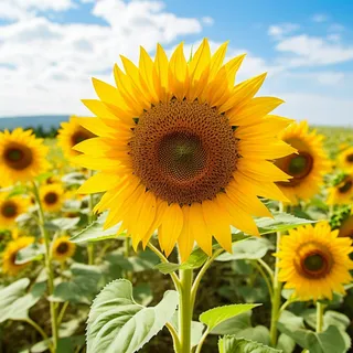 晴天的向日葵田的照片明亮的颜色，黄色向日葵摄影图