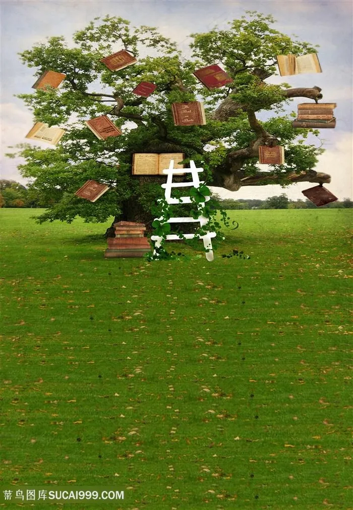 草地绿树风景画