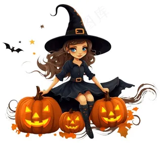 万圣节女巫蝙蝠南瓜卡通插画免抠