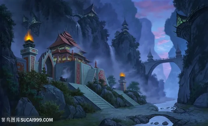 即将黑夜的道观中国风CG原画绘画图片