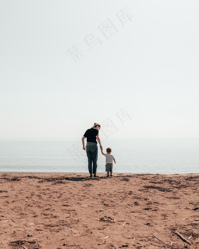 海边亲子照背影图片