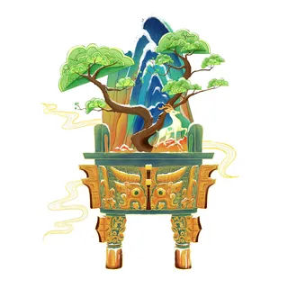 时尚微景观山水装饰庭院祥云中式国潮风插图插画元素素材设计模板