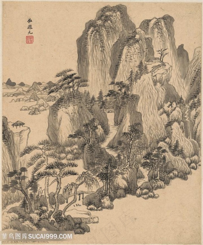明代画家王鉴仿赵元仿古山水图国画图片