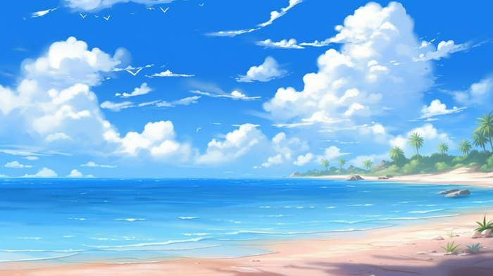 夏日海边沙滩蓝天白云插画背景(4368x2448)