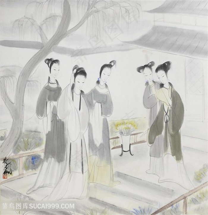 林风眠手绘水墨美女公园美景装饰画