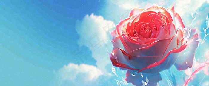 红玫瑰蓝色天空白云唯美，鲜花