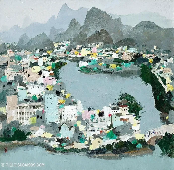 吴冠中手绘水乡美景装饰画