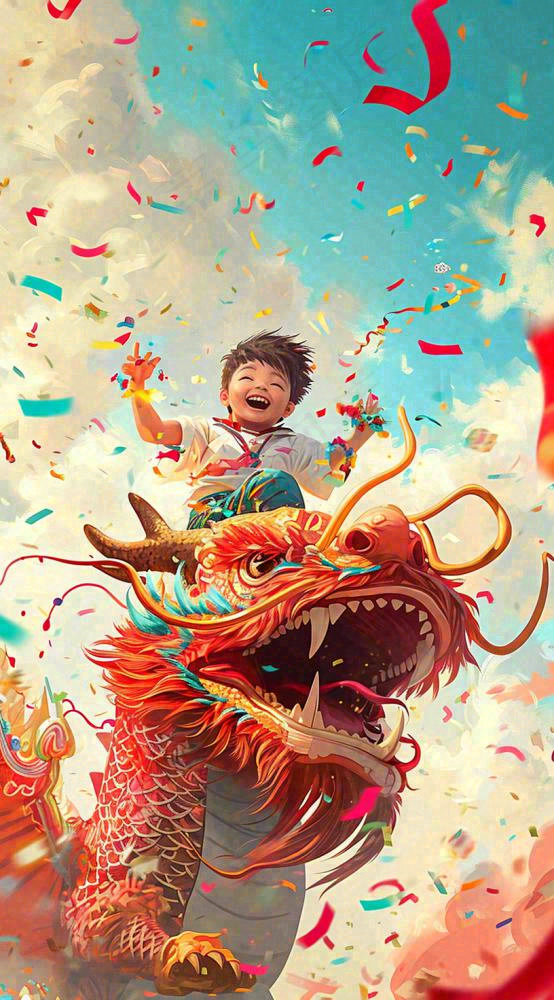 祥龙喜庆欢乐节日，蓝天白云儿童手绘插画