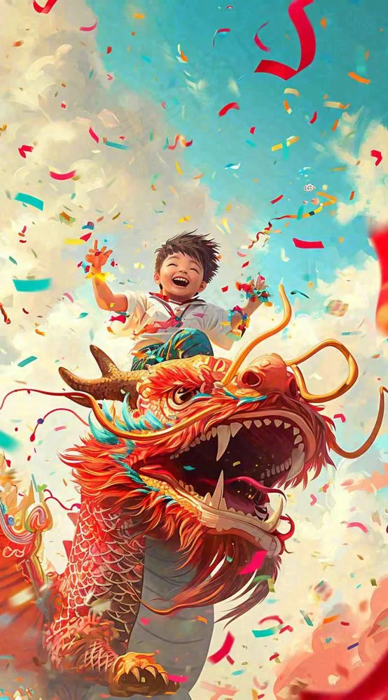 祥龙喜庆欢乐节日，蓝天白云儿童手绘插画(816x1472)