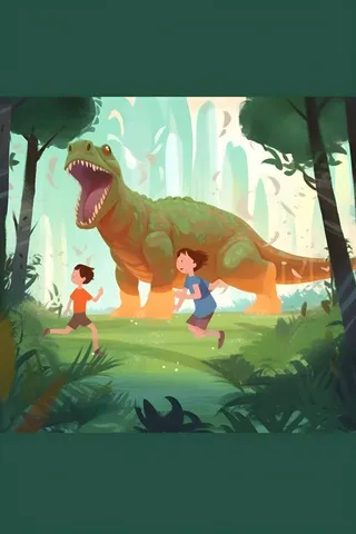 恐龙儿童大自然森林奔跑插画海报素材背景