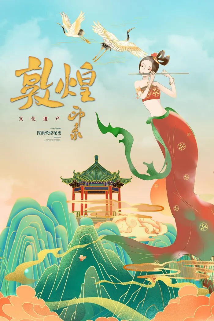 中国风国潮敦煌飞天仙女壁画房地产招聘艺术宣传海报PSD素材psd模版下载