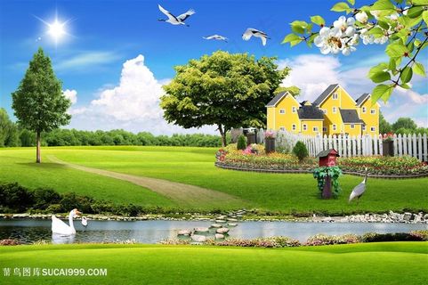 湖畔草地别墅风景画韩式自然背景