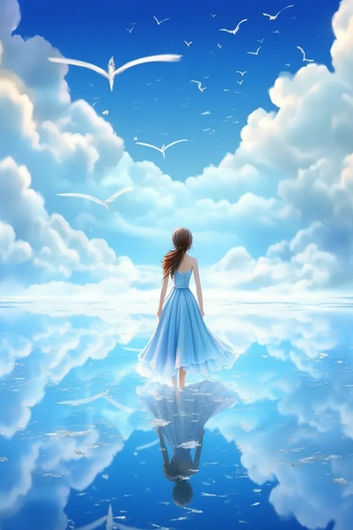 天空之境少年湖面倒影蓝天白云卡通插画素材 (x)