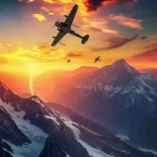 落日下的连绵山脉，飞机战斗机，冰川云海