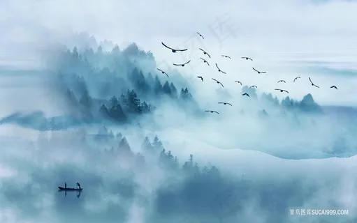 水墨山脉湖畔风景画