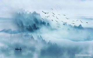 水墨山脉湖畔风景画