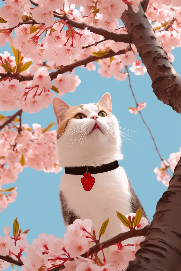 猫咪宠物站在樱花树玩耍摄影图(2688x4032)