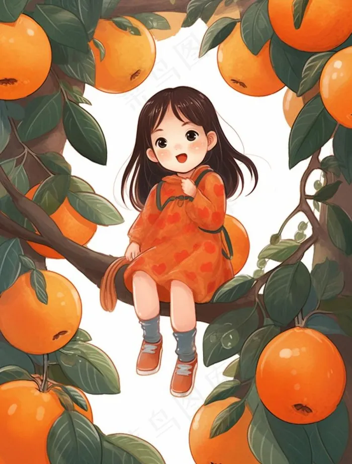 女孩少女坐着橘子树上可爱卡通插画素材背景(960x1264)