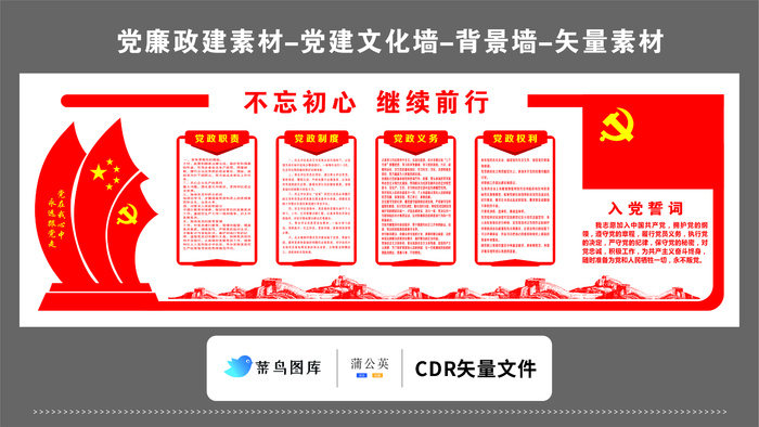 党建文化墙党建素材CDR预览图红色背景不忘初心继续前行党政职责义务权利