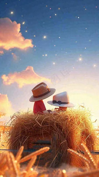 小麦田里秋天人物收割卡通，秋分白露