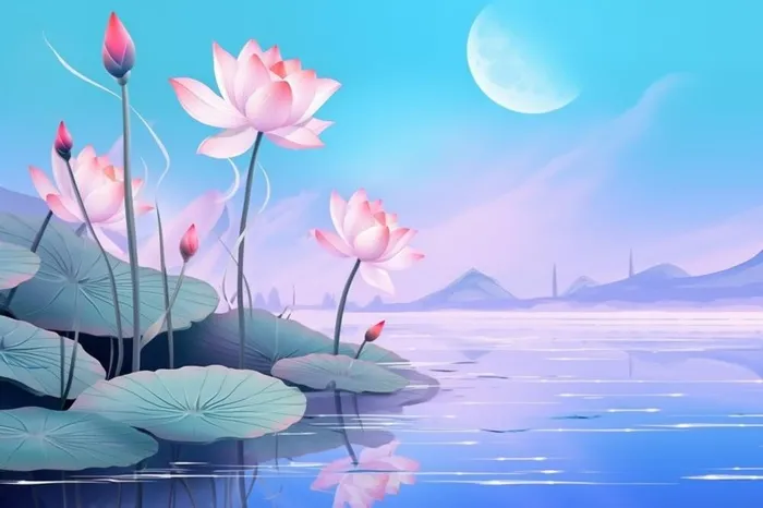 蓝色光影清新荷花背景(1344x896)