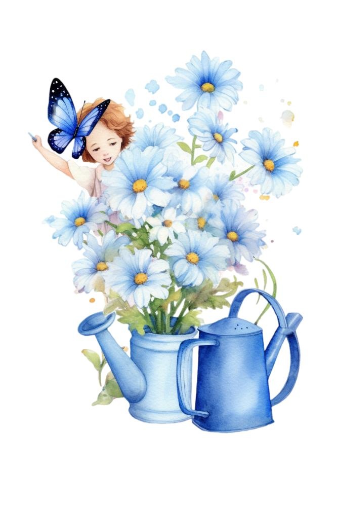 蓝色洒水桶的蓝色小花蝴蝶插画免抠