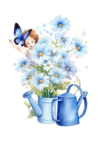 蓝色洒水桶的蓝色小花蝴蝶插画免抠