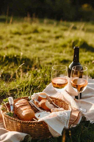 春天户外草坪野餐篮子露营食物酒面包摄影