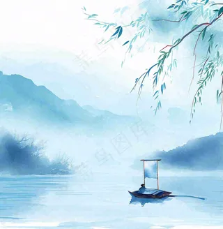 中国风意境湖面山脉云层山水画插画