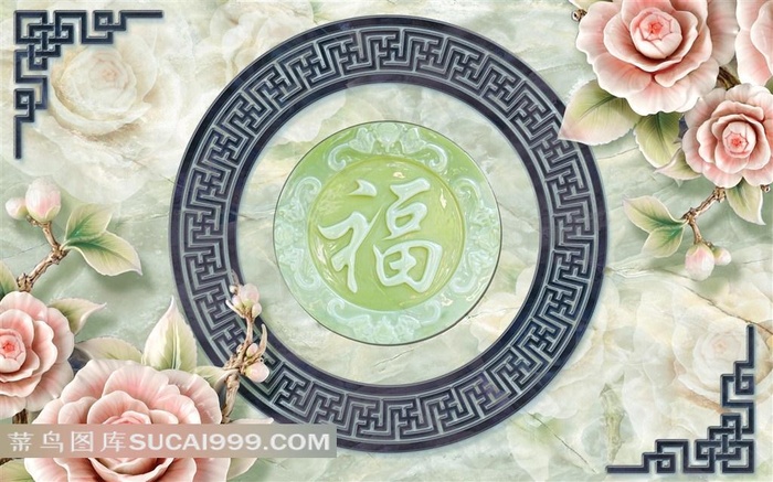 3D立体牡丹富贵花开玉雕福高清图片