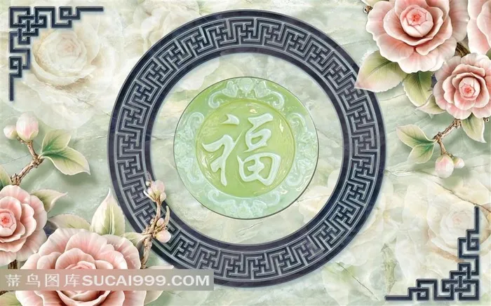 3D立体牡丹富贵花开玉雕福高清图片