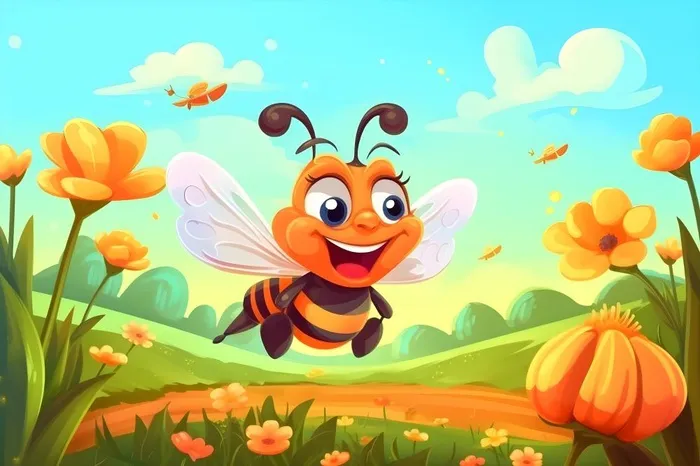 春天草丛花朵蜜蜂蓝天白云手绘插画海报素材背景(5376x3584)