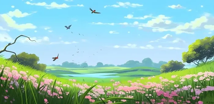 春天蓝天白云草原绿色树草地手绘插画海报素材背景(6272x3072)