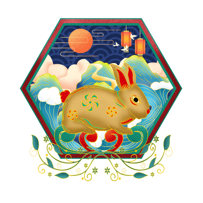 中国风国潮十二生肖兔手绘烫金插画春节剪纸元素PSD设计素材