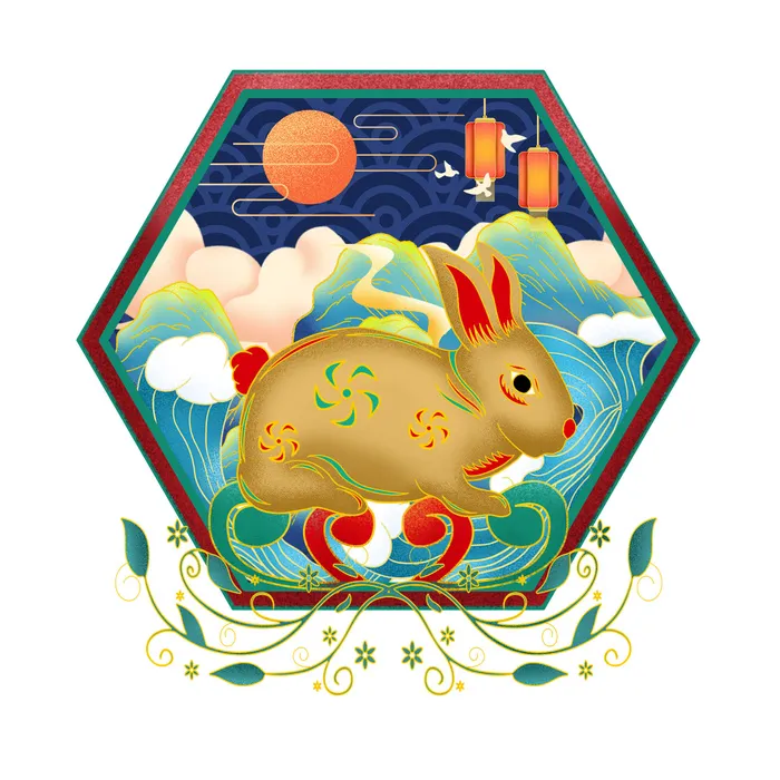 中国风国潮十二生肖兔手绘烫金插画春节剪纸元素PSD设计素材psd模版下载