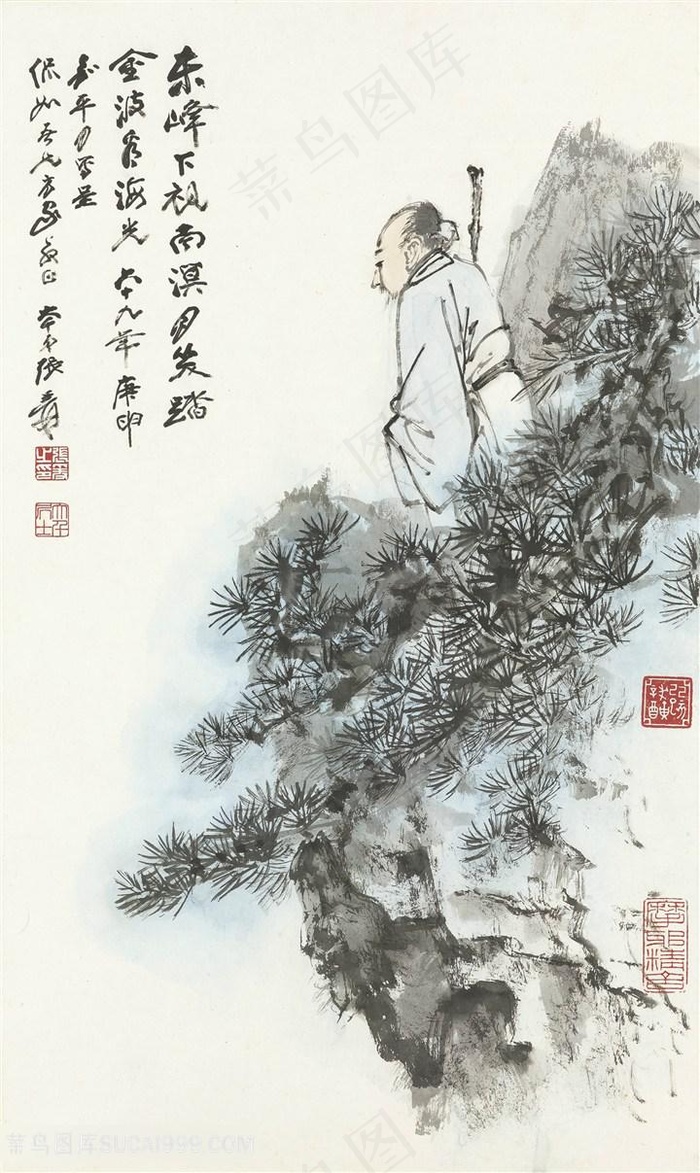 张大千水墨画松树山脉老人风景画