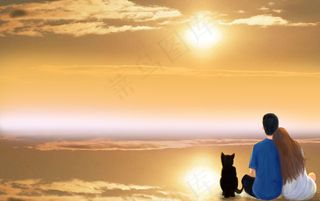  情侣看落日浪漫夕阳海边背景图