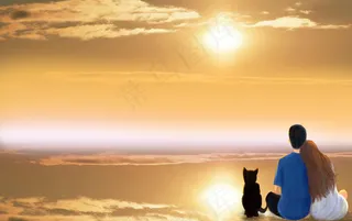  情侣看落日浪漫夕阳海边背景图