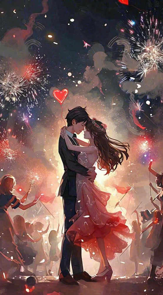 浪漫情人节爱心爱情夜晚烟花，跳舞插画(816x1472)