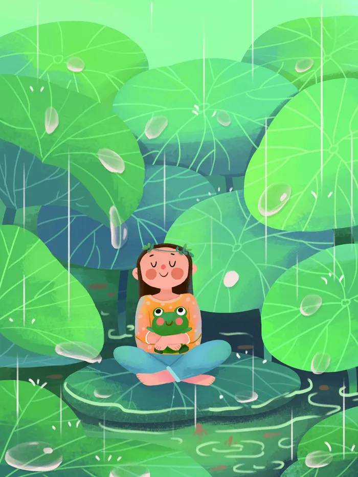 谷雨节气下雨荷叶女孩可爱治愈系风景