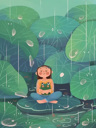谷雨节气下雨荷叶女孩可爱治愈系风景