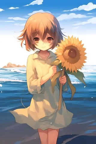 海边拿着向日葵的女孩插画背景