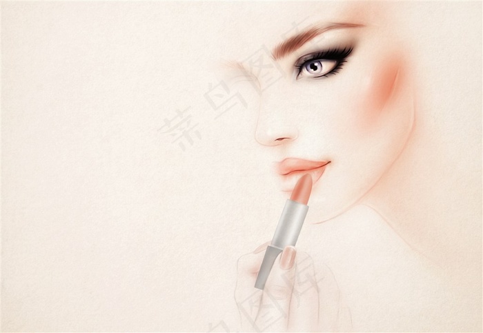 拿着口红涂抹唇部的手绘美女高清图片