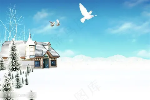 雪景木屋风景画韩式自然背景 雪景木屋风景画韩式自然背景