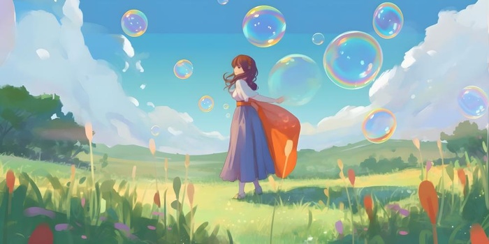 蓝天白云彩色泡泡彩虹草原树林风景插画背景(6144x3072)