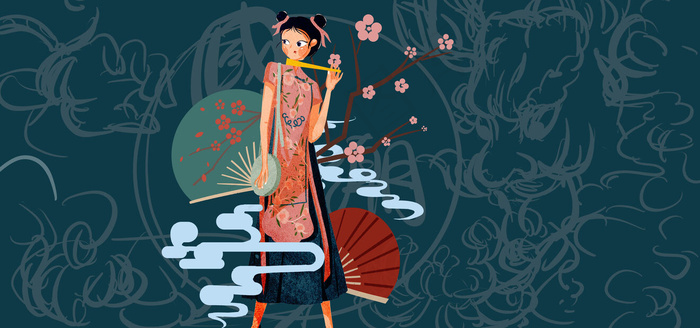 手绘可爱女孩国潮风展板背景