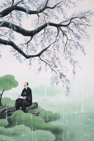 中国风水墨画雨天插画