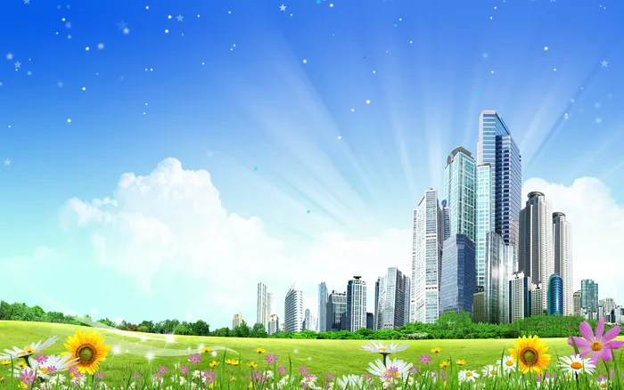 蓝天白云绿草花卉现代高楼风景