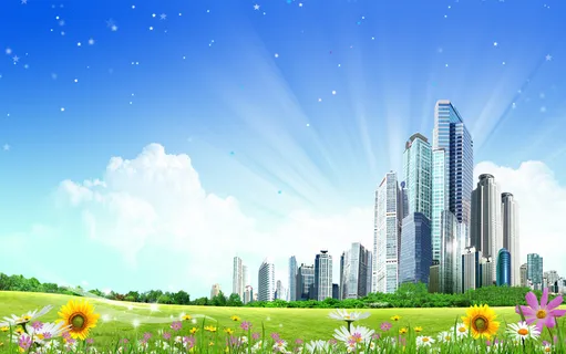 蓝天白云绿草花卉现代高楼风景 蓝天白云绿草花卉现代高楼风景