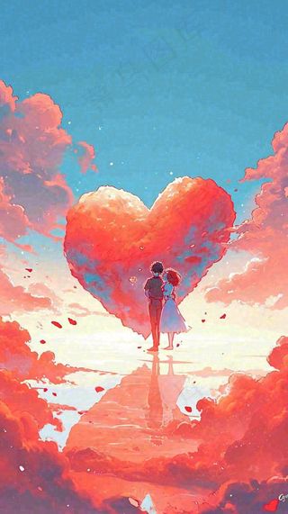情人节浪漫情人爱心落日蓝天唯美，情侣亲吻爱情，卡通手绘插画